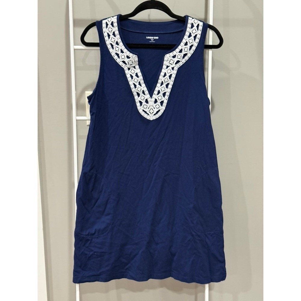Lands End Navy Blue Cotton Sleeveless Dress Crochet Lace VNeck M Preppy Nautical